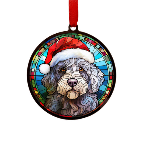 Labradoodle Grey in Santa Hat Suncatcher Decoration